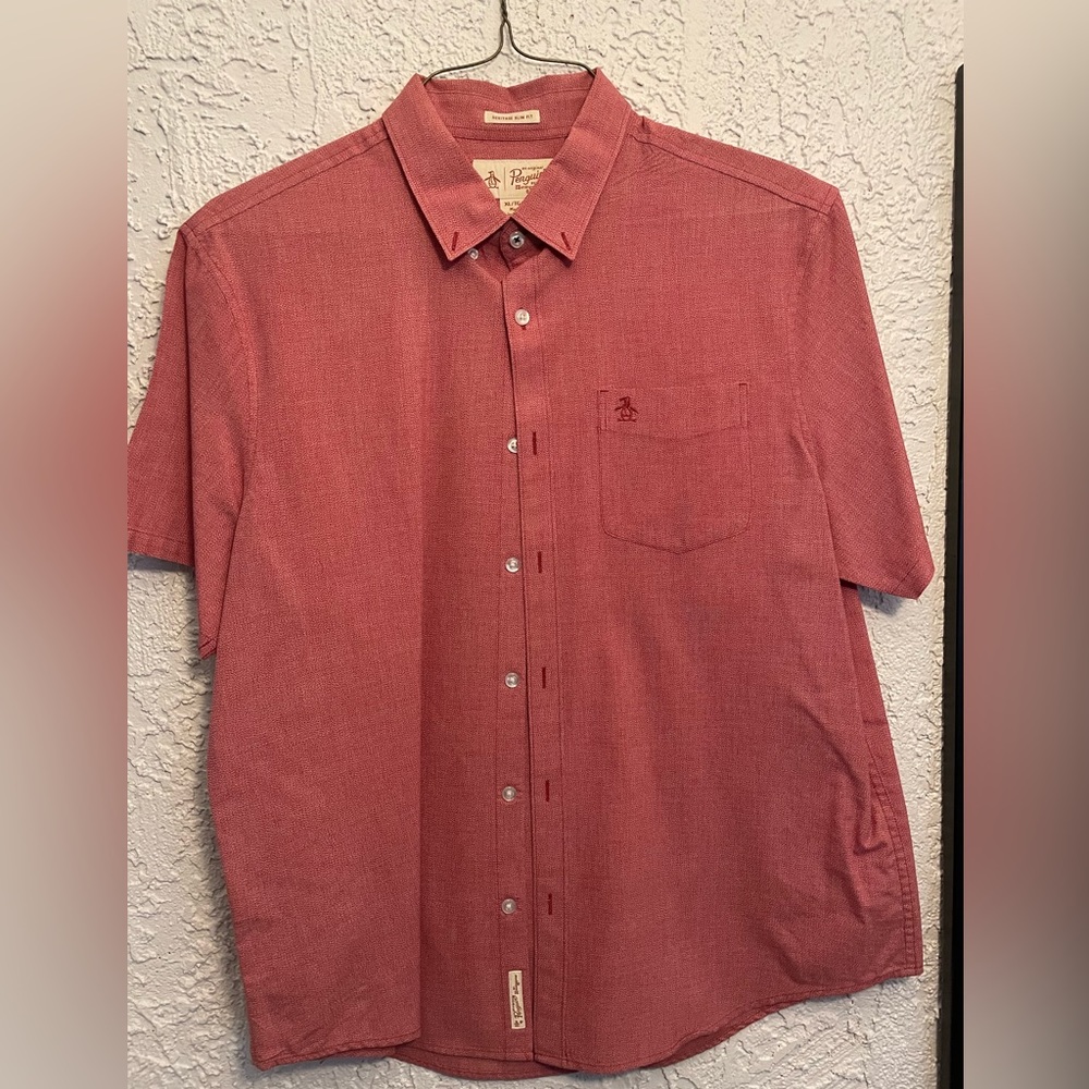 Red short sleeve Penguin button down shirt